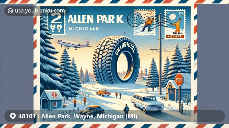 Modern illustration of Allen Park, MI, featuring iconic Uniroyal Giant Tire and winter sports element, within a vintage airmail envelope with postal theme and ZIP code 48101.