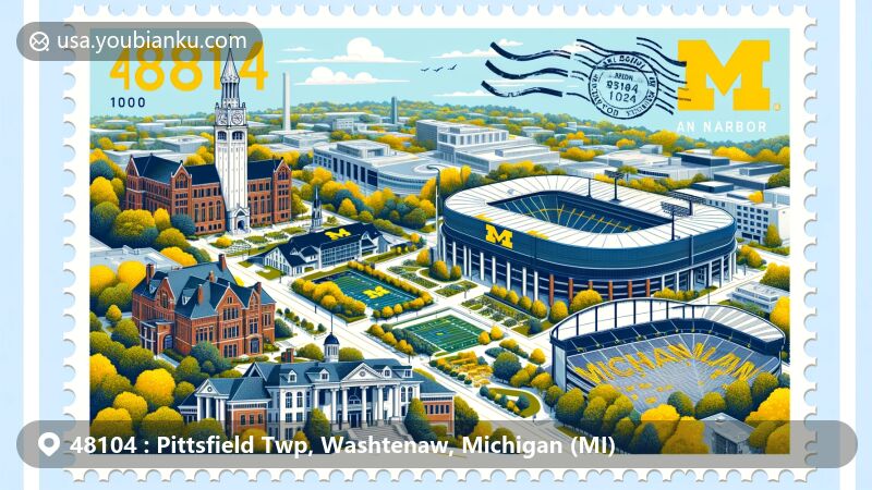 Modern illustration of Ann Arbor, Michigan, capturing vibrant educational city with University of Michigan, Burton Memorial Clock Tower, Michigan Stadium 'The Big House', Nichols Arboretum, and creative postal themes.