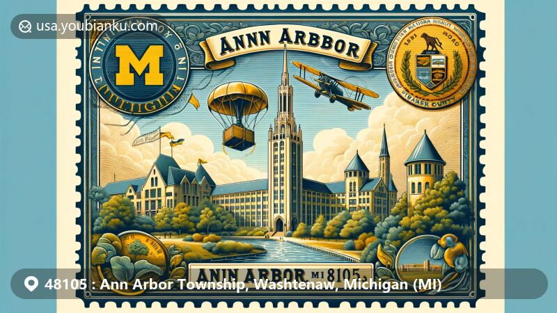 Modern illustration of Ann Arbor, Michigan's ZIP code 48105 area, featuring Burton Memorial Clock Tower, Nichols Arboretum, Huron River, and Staebler Farm County Park in a vintage airmail envelope with postal themes and Michigan state symbols.