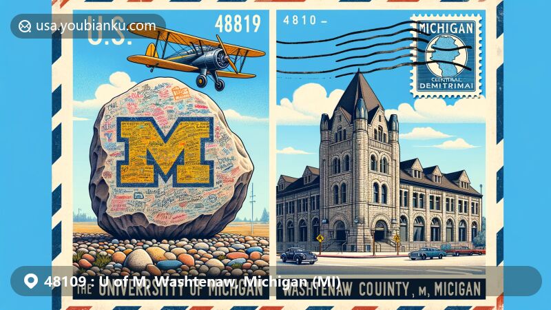 Modern illustration of iconic landmarks in the University of Michigan area, ZIP code 48109, featuring The Rock and the historic Michigan Central Railroad Depot, set in a vintage aviation-themed postcard style.