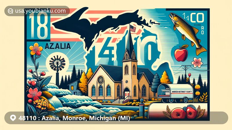 Modern illustration of Azalia, Monroe County, Michigan, showcasing postal theme with ZIP code 48110, featuring Azalia United Methodist Church and Michigan state symbols.
