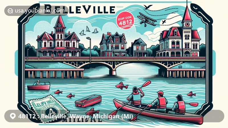 Modern illustration of Belleville, Wayne County, Michigan, showcasing Belleville Lake Park and downtown Victorian storefronts, with Belleville Road Bridge symbolizing connection. Includes postal theme with ZIP code 48112 and subtle tribute to techno music.