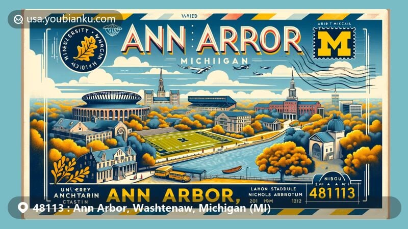 Modern illustration of Ann Arbor, Michigan postcard with ZIP code 48113, showcasing University of Michigan landmarks and natural beauty, including the Huron River and Kerrytown District.