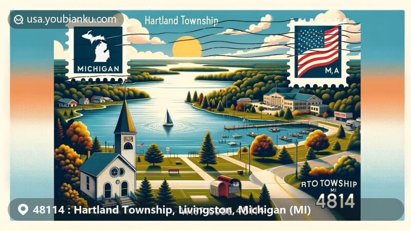 Modern illustration of Hartland Township, Livingston County, Michigan, featuring Round Lake and Michigan state symbols, highlighting nature and community spirit.