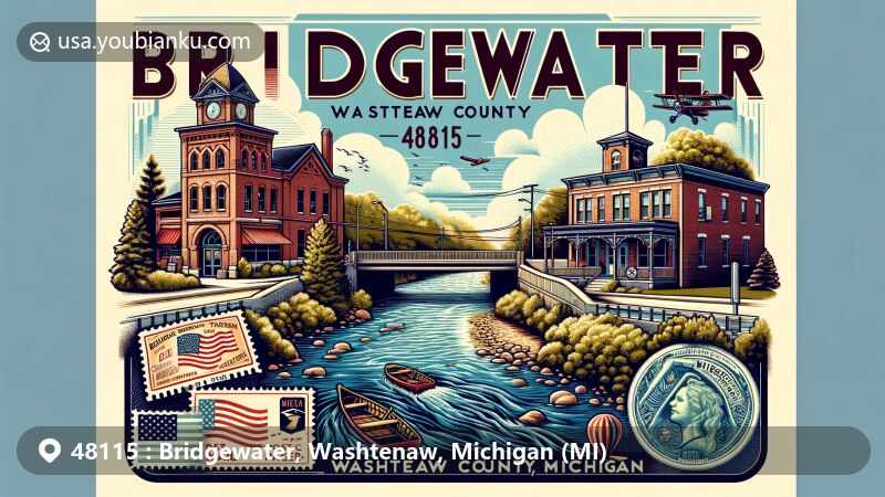 Modern illustration of Bridgewater, Washtenaw County, Michigan, showcasing River Raisin, historic Bridgewater Bank Tavern, postal theme with vintage air mail envelope, Michigan state flag, and Washtenaw County outline.