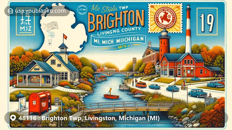 Modern illustration of Brighton Twp, Livingston County, Michigan, displaying tranquil riverside boardwalk, Mill Pond, and local art galleries, embracing serene and artistic vibe.
