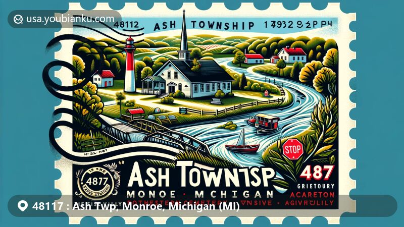 Creative illustration of Ash Township, Monroe County, Michigan, representing ZIP code 48117, featuring rural scenery, Potter Cemetery, Carleton village, and postal symbols.
