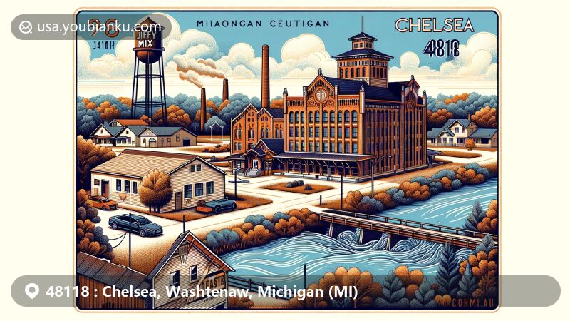 Modern illustration of Chelsea, Michigan, capturing ZIP code 48118 with iconic landmarks like Jiffy Mix Flour Mill, Michigan Central Railroad Chelsea Depot, Purple Rose Theatre, and Waterloo State Recreation Area.
