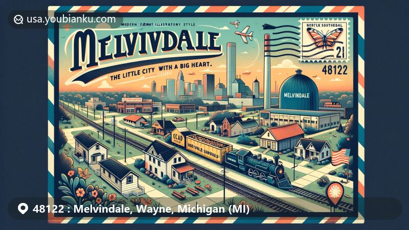 Modern illustration of Melvindale, Michigan, area with ZIP code 48122, showcasing local railroad traffic and community vibe, including Norfolk Southern Railway Oakwood Yard, parks, and events.