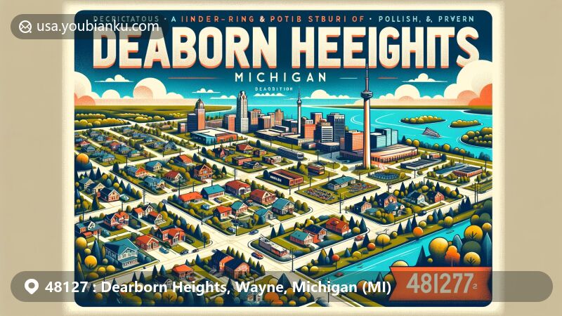 Modern illustration of Dearborn Heights, Michigan, depicting ZIP code 48127, emphasizing suburban charm, community, and nature with Ecorse Creek and Rouge River watershed.