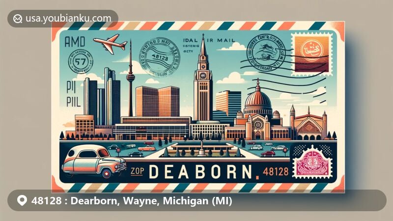 Modern illustration of Dearborn, Wayne County, Michigan, representing ZIP code 48128 with a vintage airmail envelope design showcasing Ford Motor Company, the Henry Ford Museum, and the Islamic Center of America.