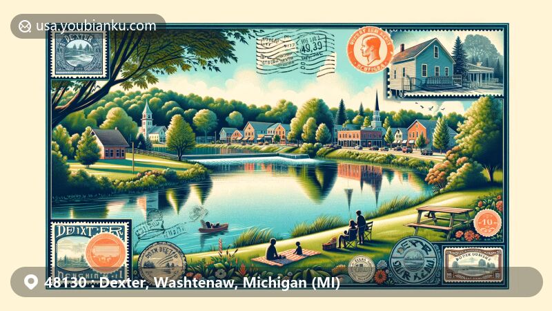 现代插图展示了印第安纳州克劳福德县的Hogtown，展示了以邮政主题为特色的ZIP码47140，包括Marengo Cave和印第安纳州的象征。