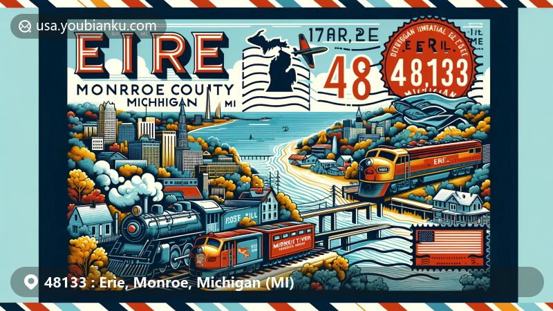 Modern illustration of Erie, Monroe County, Michigan, showcasing postal theme with ZIP code 48133, featuring Lake Erie coast, Michigan Central Railroad, and Detroit River International Wildlife Refuge.