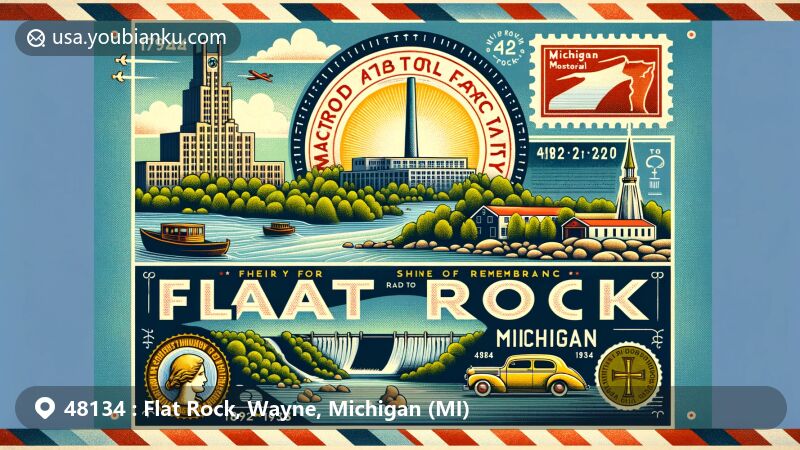 Vintage illustration of Flat Rock, Michigan, Wayne County, with airmail envelope, depicting Huron River, Ford Motor Company Lamp Factory, Flat Rock Dam, Michigan Memorial Park, Shrine of Remembrance, Crucifix Island, and vintage postal stamp with Michigan flag, highlighting ZIP code 48134.