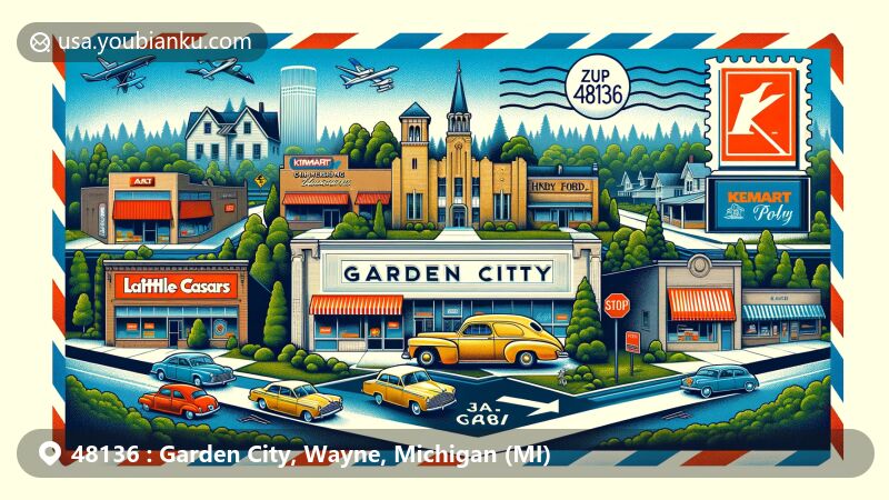 Modern illustration of Garden City, Wayne County, Michigan, with a vibrant airmail envelope theme showcasing ZIP code 48136 and landmarks like the first Kmart store, first Little Caesars, and Henry Ford's honeymoon cottage.
