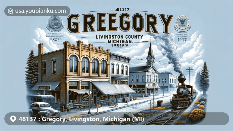 Modern illustration of Gregory, Livingston County, Michigan, showcasing postal theme with ZIP code 48137, featuring historic Main Street, Bramlett Hardware Company building, former train depot, and Lakelands Trail State Park. Includes Michigan State Historic Sites like First Presbyterian Church and Plainfield Methodist Church, highlighting architecture and historical significance, along with Huron National Forest outdoor activities.