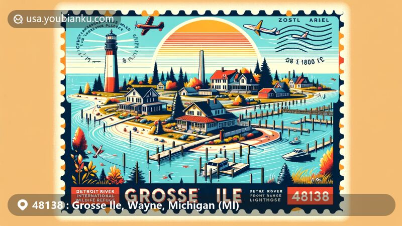 Modern illustration of Grosse Ile, Michigan, representing affluent island community with ZIP code 48138, featuring Grosse Ile Municipal Airport, Detroit River International Wildlife Refuge, and Grosse Ile North Channel Front Range Lighthouse.