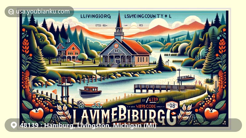 Modern illustration of Hamburg, Livingston County, Michigan, displaying local highlights like Mike Levine Lakelands Trail State Park and historic elements, in a postcard style with ZIP code 48139.