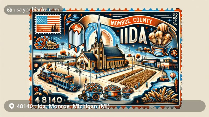 Modern illustration of Ida, Monroe County, Michigan, showcasing postal theme with ZIP code 48140, featuring iconic St. Joseph Catholic Church, agricultural motifs, and festive Christmas parade, reflecting community spirit and heritage.