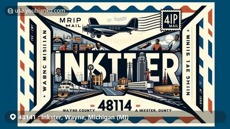 Modern illustration of Inkster, Wayne County, Michigan, featuring postal theme with ZIP code 48141, highlighting heritage like Michigan Central Railroad and African-American culture.