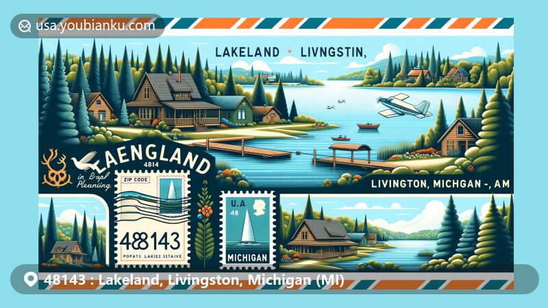 Modern illustration of Lakeland, Livingston, Michigan, highlighting postal theme with ZIP code 48143, featuring local landmarks, lakes, forests, and postal elements.