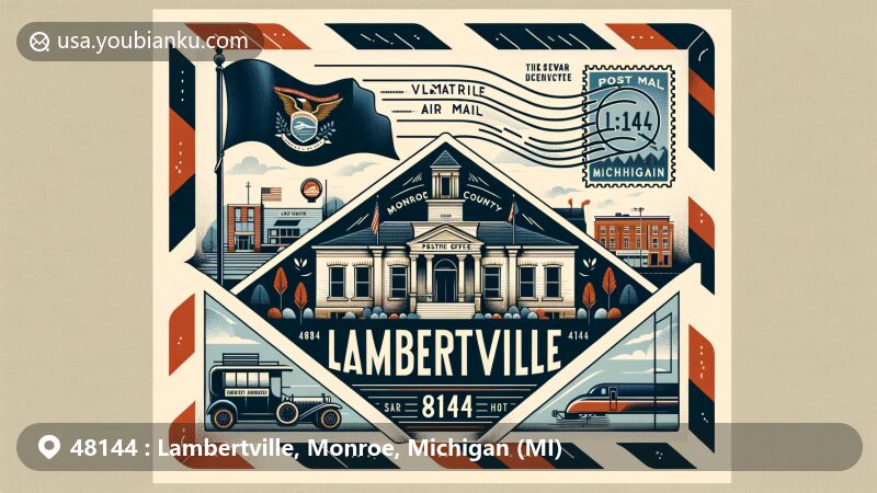 Modern illustration of Lambertville, Monroe County, Michigan, styled as a vintage air mail envelope with postal elements, including a map of the county, post office building, Michigan flag, postal stamp, and vintage postal car.