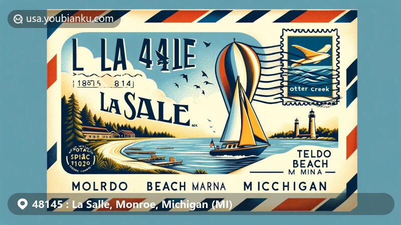 Modern illustration of La Salle, Monroe County, Michigan, highlighting ZIP code 48145 with Lake Erie, Otter Creek, and Toledo Beach Marina, featuring vintage airmail envelope design and postal elements.