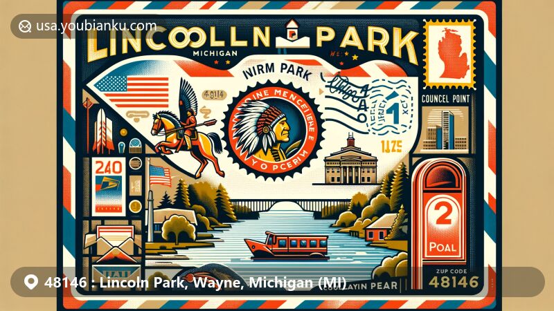 Vibrant illustration of Lincoln Park, Michigan, highlighting ZIP code 48146, with airmail envelope, Chief Pontiac stamp, Wayne County outline, Ecorse River, Council Point Park, mailbox, and postal truck.