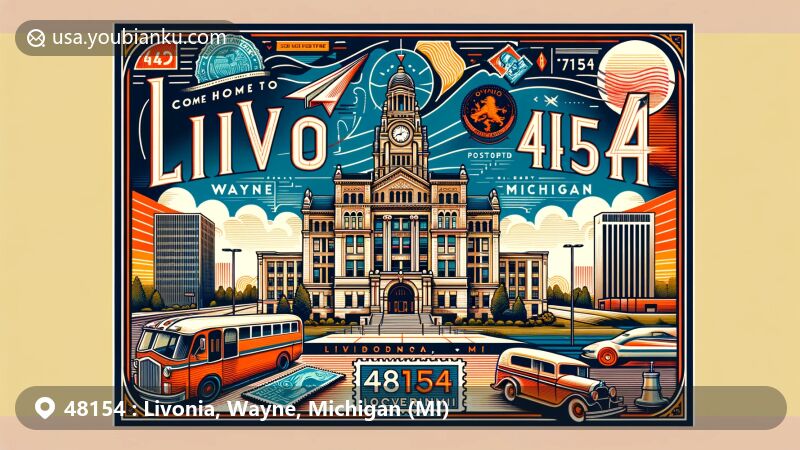 Modern illustration of Livonia City Hall in Livonia, Wayne County, Michigan, incorporating postal theme with ZIP code 48154, featuring vintage air mail elements and 'Come home to Livonia!' motto.