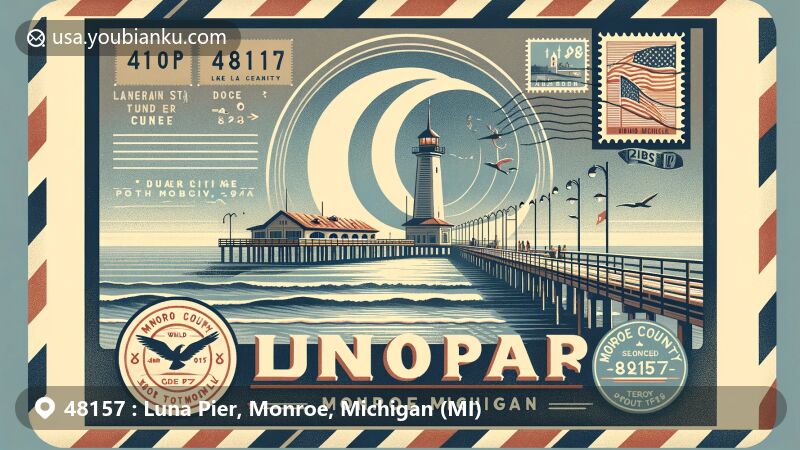 Modern illustration of Luna Pier, Monroe County, Michigan, showcasing postal theme with ZIP code 48157, featuring the famous crescent-shaped concrete pier, tranquil shoreline of Lake Erie, airmail-style envelope, vintage stamps of Michigan state flag and Monroe County outline, postal mark with ZIP code, quaint lighthouse, boardwalk with people enjoying the view.