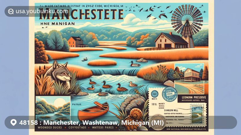 Modern illustration of Manchester, Michigan, showcasing postal theme with ZIP code 48158, featuring River Raisin, Leonard Preserve, and Sharon Mills Park.