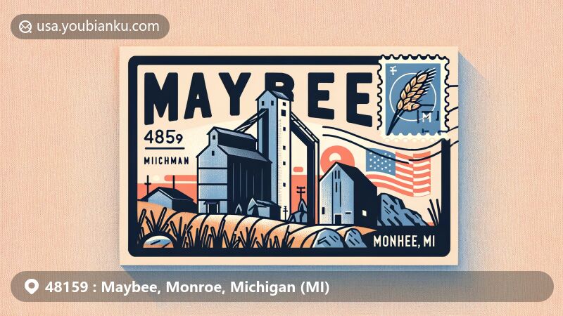 Modern illustration of Maybee, Michigan, with airmail envelope design featuring grain elevator, stone quarry, and Michigan state flag.