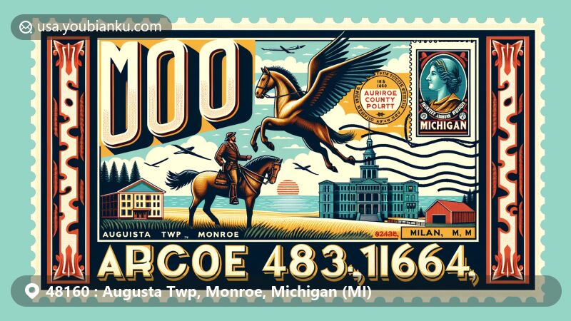 Modern illustration of Augusta Twp, Monroe, and Milan, Michigan, representing ZIP code 48160 with a creative airmail envelope featuring key symbols like the Monroe County courthouse, Lake Erie, agricultural landscape, George Armstrong Custer statue, and vintage stamp.