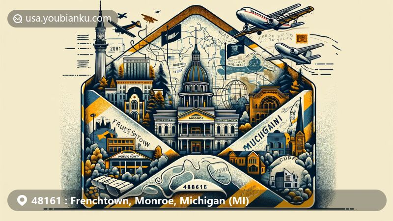 Modern illustration of Frenchtown and Monroe, Michigan, highlighting postal theme with ZIP code 48161, featuring landmarks like Monroe County Museum and Territorial Park.