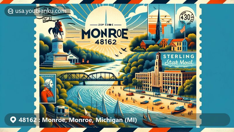 Modern illustration of Monroe, Michigan, showcasing River Raisin National Battlefield Park, Sterling State Park, and downtown area with historic buildings and cultural vibrancy, incorporating symbols of Monroe's history and ties to George Armstrong Custer.
