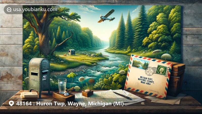Illustration of Huron River in a lush landscape with airmail envelope featuring Michigan state flag stamp and Huron Twp postal elements.