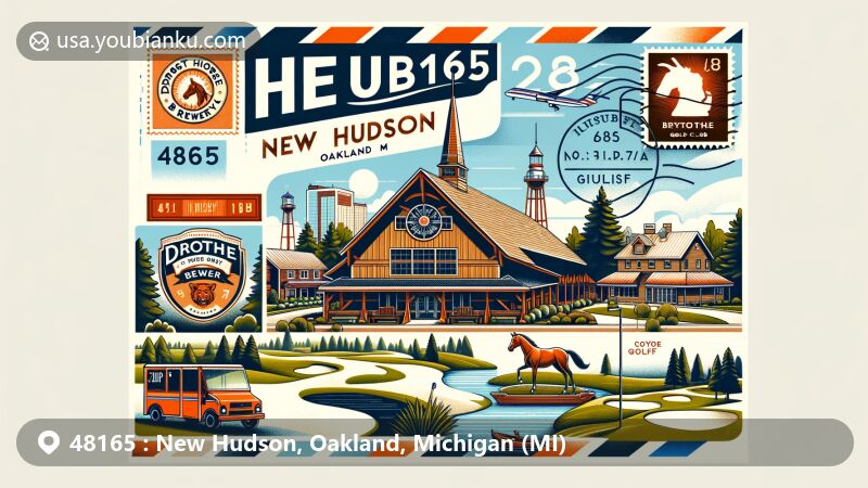 Modern illustration of New Hudson, Oakland, Michigan, themed after a postal envelope with ZIP code 48165, showcasing local attractions like Draught Horse Brewery and Coyote Golf Club amidst nods to Michigan's natural beauty and postal elements.