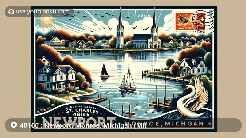 Modern illustration of Newport, Monroe County, Michigan, featuring ZIP code 48166, with St. Charles Borromeo Catholic Church as the central element, showcasing historical and religious heritage, alongside natural beauty near Lake Erie and Swan Creek, incorporating local flora and fauna.