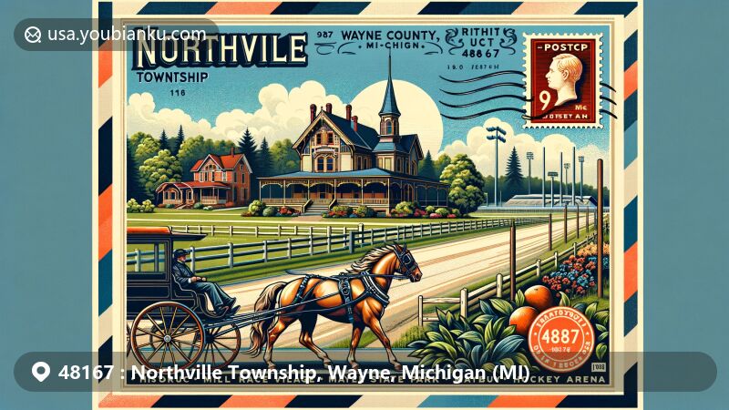 Modern illustration of Northville Township, Wayne County, Michigan, highlighting ZIP code 48167, featuring Victorian-style homes, Mill Race Village, Maybury State Park, and USA Hockey Arena.