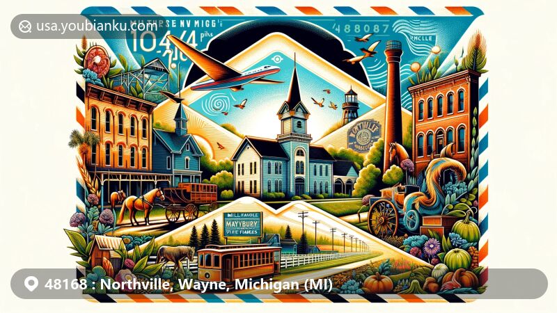 Modern illustration of Northville, Michigan, highlighting ZIP code 48168 with historical landmarks like Mill Race Village and natural beauty of Maybury State Park in an open air mail envelope.