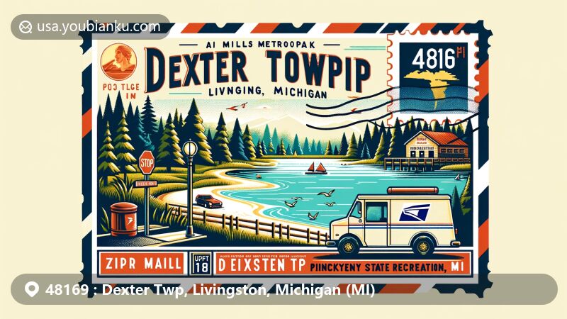 Modern illustration of Dexter Twp, Livingston, Michigan, featuring Hudson Mills Metropark and Pinckney State Recreation Area within an air mail envelope theme, with Portage Lake stamp, postal mark '48169 Dexter Twp, Livingston, MI,' and scenic landscapes with postal truck.