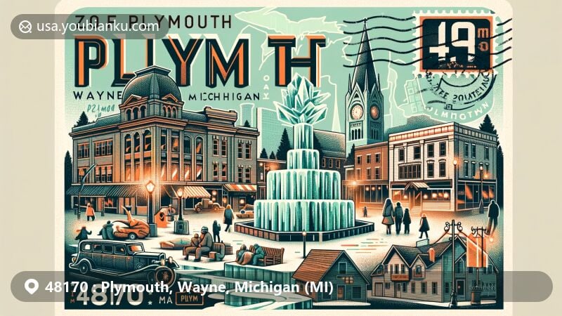Modern illustration of Plymouth, Wayne County, Michigan, featuring cultural and postal elements, highlighting the Plymouth Ice Festival, historic Old Village area, and vintage postcard format with ZIP code 48170.