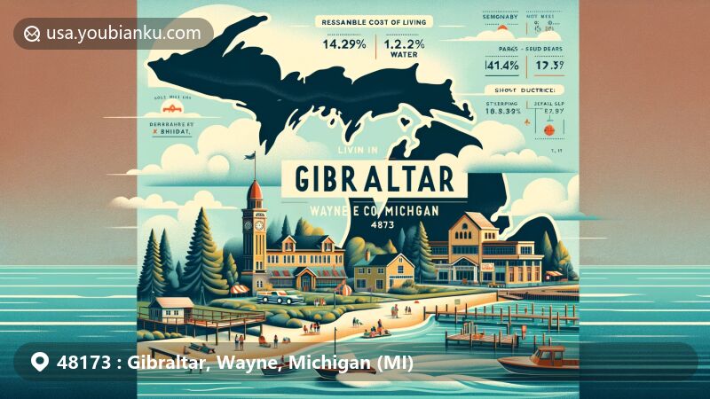 Modern illustration of Gibraltar, Wayne County, Michigan, showcasing waterfront scenery and small-town community vibes, representing ZIP code 48173 with symbols of public beach, parks, community gathering spots, and the influence of Gibraltar School District.