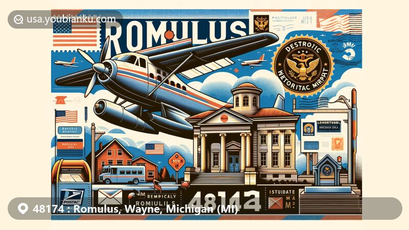 Modern illustration of Romulus, Michigan, showcasing postal theme with ZIP code 48174, featuring Detroit Metropolitan Airport, Romulus Historical Museum, and aviation-related elements.