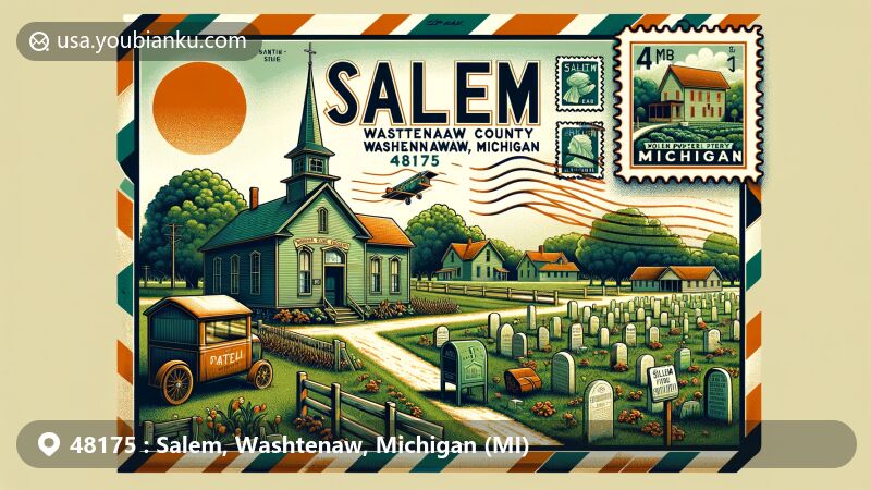 Modern illustration of Salem, Washtenaw County, Michigan, featuring the ZIP code 48175 area with landmarks like Jarvis Stone School and Salem-Walker Cemetery, integrated with postal elements like post office, mailbox, and stamps.