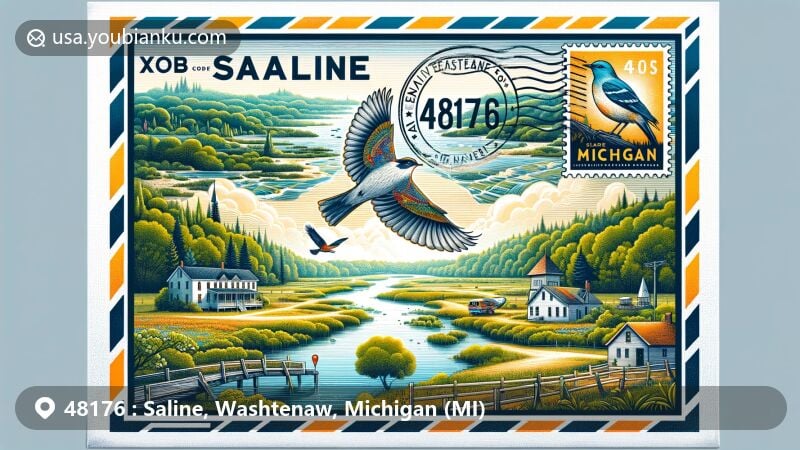 Modern illustration of Saline, Washtenaw, Michigan, depicting the scenic landscape with the Saline River, Celtic Festival, and Bird Center, all within an air mail envelope featuring Michigan state symbols.