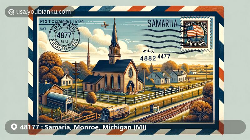 Modern illustration of Samaria, Monroe County, Michigan, showcasing postal theme with ZIP code 48177, featuring Grace United Methodist Church and Michigan state flag.