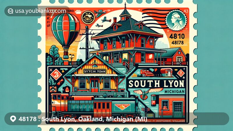 Modern illustration of South Lyon, Michigan, showcasing postal theme with ZIP code 48178, featuring downtown, historic railroads, and McHattie Park with Witch's Hat Depot Museum and Historic Village.