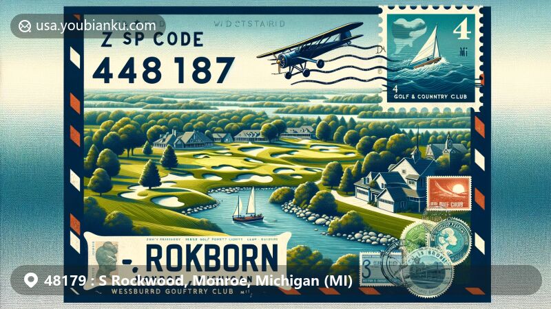 Modern illustration of S Rockwood, Monroe, Michigan, in ZIP code 48179, featuring Wesburn Golf & Country Club and postal theme with vintage airmail elements.