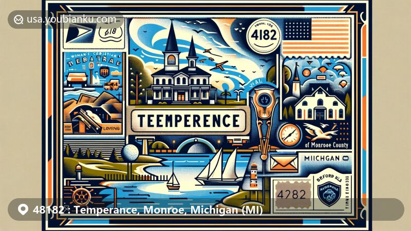 Modern illustration of Temperance, Monroe County, Michigan, showcasing postal theme with ZIP code 48182, reflecting nautical vibes and community spirit.